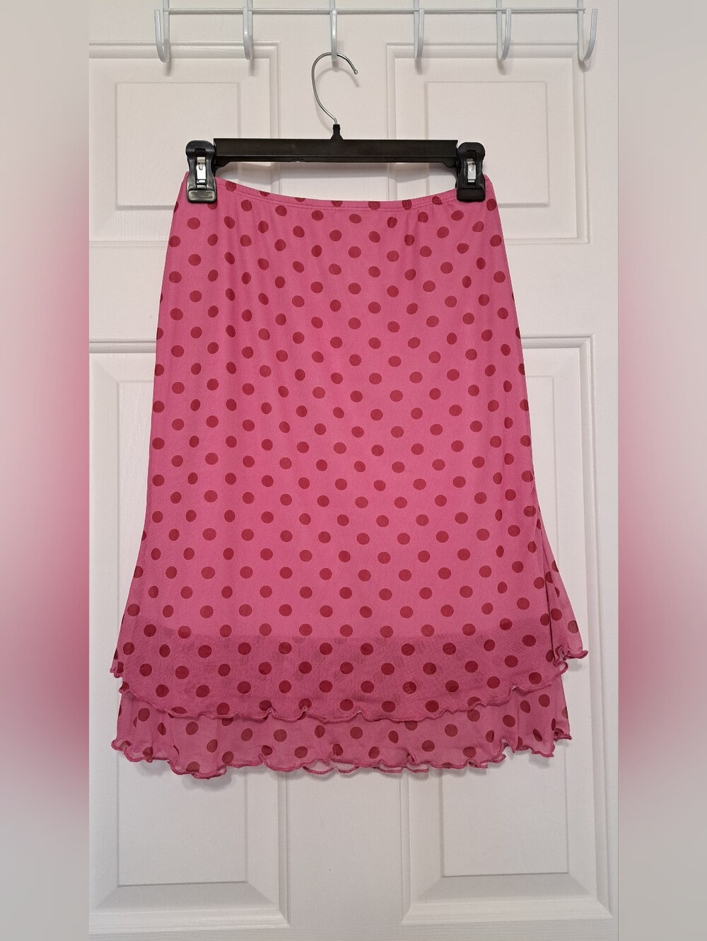 See You Monday Pink Polka Dot Layered Midi Skirt